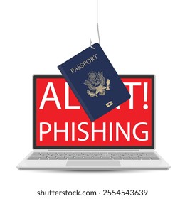 Cyber security software alert of cyber attack. Alert phishing message on laptop screen and passport on hook. Danger virus, cyber fraud. Vector illustration