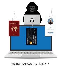 Cyber security software alert of cyber attack. Alert phishing message on laptop screen credit card, ID password and passport on hook. Hooded hacker with skull face. Danger virus, cyber fraud.