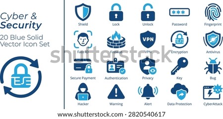 Cyber Security Solid Blue Icon Set. Includes Shield, Lock, Password, Firewall, VPN, Encryption, Antivirus, Hacker and Data Protection.