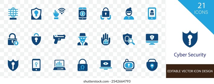 Conjunto de iconos sólidos de seguridad cibernética que contiene hackers, delitos cibernéticos, antivirus, software, Contraseña, seguridad, bloqueo y más diseño de Vectores  