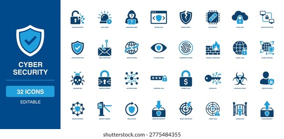 Cyber Security Solid Icon Set illustrating unlocked circuit alert siren anonymous user secure code broken shield chip cloud lock device protection email encrypted web eye monitoring fingerprint access firewall