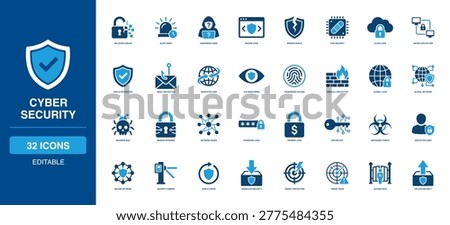 Cyber Security Solid Icon Set illustrating unlocked circuit alert siren anonymous user secure code broken shield chip cloud lock device protection email encrypted web eye monitoring fingerprint access firewall