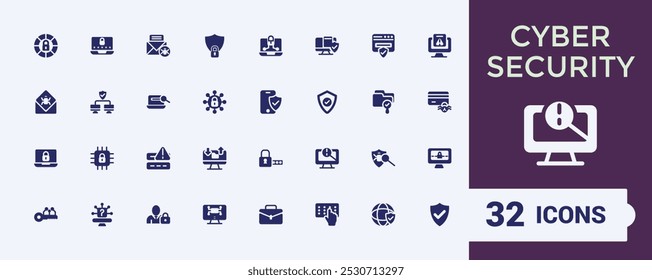 Cyber Security solid icons set. Related to antivirus, spyware, scan, protection and more icon collection. Simple flat symbol pack. Editable filled icons for web and ui. Pixel perfect.