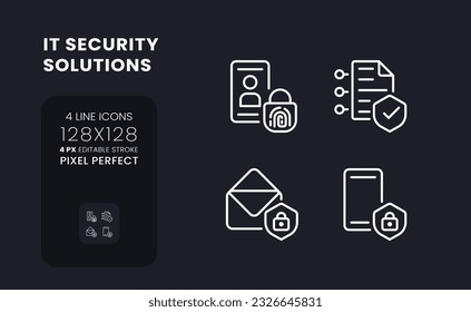 Cyber security solutions white linear desktop icons on black. Authentication control. Pixel perfect 128x128, outline 4px. Isolated interface symbols pack for dark mode. Editable stroke