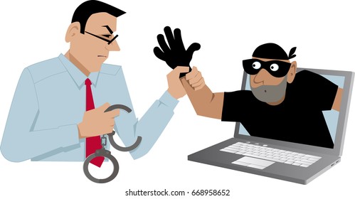 Cyber Security Specialist Catching A Thief Coming Out Of A Laptop, EPS 8 Vector Illustration