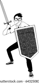 Cyber security specialist holding a sword and a shield with computer code, repelling an attack, EPS 8 vector clip-art, no white objects