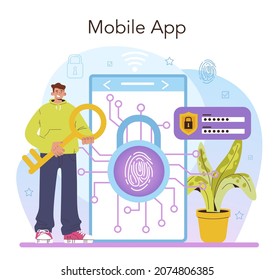 Cyber security specialist online service or platform. Digital data and database safety, cyberattack prevention. Mobile app. Flat vector illustration