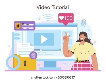 Cyber security specialist online service or platform. Digital data and database safety, cyberattack prevention. Video tutorial. Flat vector illustration