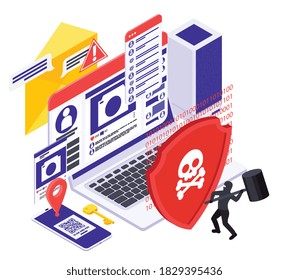 Protección de datos de software espía de seguridad cibernética composición isométrica con imágenes de pantallas de computadoras portátiles e ilustración vectorial de protección de seguridad