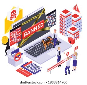 Protección de datos de software espía de seguridad cibernética composición isométrica con imágenes de pictogramas de servidores laptop y líneas de cordón ilustración vectorial