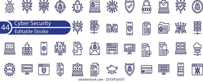 Cyber Security stroke icons set. Data protection, spam, secure, security, antivirus, password, privacy, padlock and hacker. Editable Outline icons