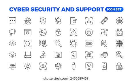 Cyber security and support icon set. Data protection symbol. Secured network collection. Technology concept. Vector illustration. Customer Service and Support - Outline Icon Collection.
