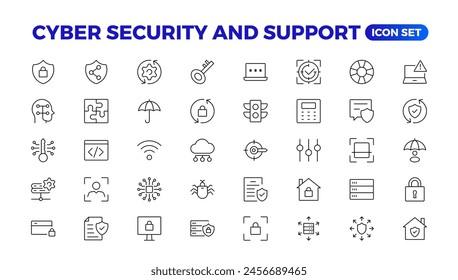 Conjunto de iconos de seguridad cibernética y Asistencia. Símbolo de protección de datos. Colección de red segura. Concepto de Tecnología. Ilustración vectorial. Servicio al cliente y Asistencia - Colección de iconos de contorno.