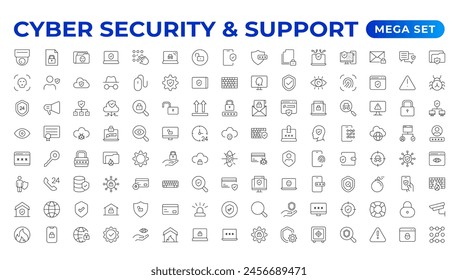 Conjunto de iconos de seguridad cibernética y Asistencia. Símbolo de protección de datos. Colección de red segura. Concepto de Tecnología. Ilustración vectorial. Servicio al cliente y Asistencia - Colección de iconos de contorno.