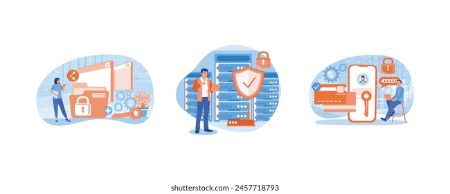 Sistema de ciberseguridad. Almacenamiento de documentos en un centro de datos. Proteger los datos personales en dispositivos electrónicos. Concepto de seguridad cibernética. Fije la Ilustración vectorial plana.