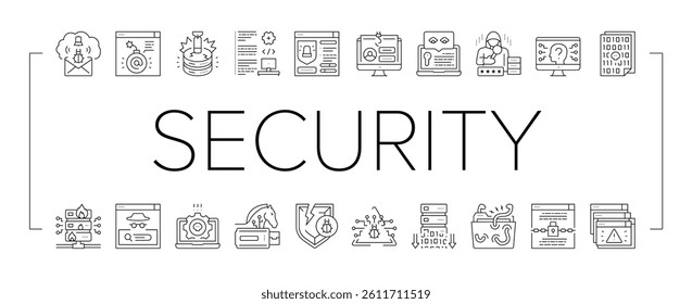 Cyber Security System Technology Icons Set Vector. Cyber Security Software And Application, Padlock And Password For Data Base And Information Protection From Virus Black Contour Illustrations