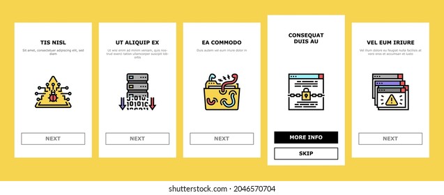 Cyber Security System Technology Onboarding Mobile App Page Screen Vector. Cyber Security Software And Application, Padlock And Password For Data Base Information Protection From Virus Illustrations