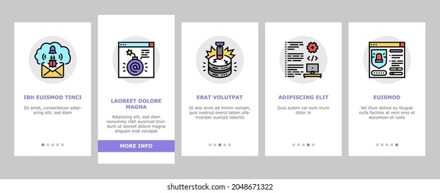 Cyber Security System Technology Onboarding Mobile App Page Screen Vector. Cyber Security Software And Application, Padlock And Password For Data Base Information Protection From Virus Illustrations
