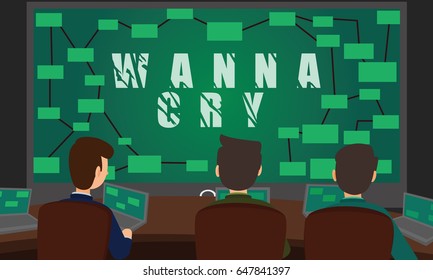 Cyber Security Team fighting with WannaCry Ransomware Attack. Computer network protection internet security conceptual illustration vector

