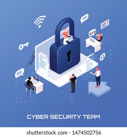 Cyber Security Team Isometric Concept On Blue Background 3d Vector Illustration