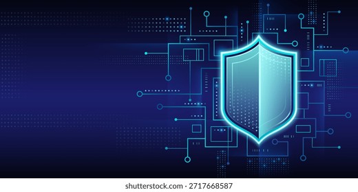 Cyber security tech background with shield icon. Vector realistic illustration of dark blue wallpaper with neon circuit board pattern, information protection sign, antivirus software presentation