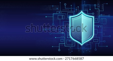 Cyber security tech background with shield icon. Vector realistic illustration of dark blue wallpaper with neon circuit board pattern, information protection sign, antivirus software presentation