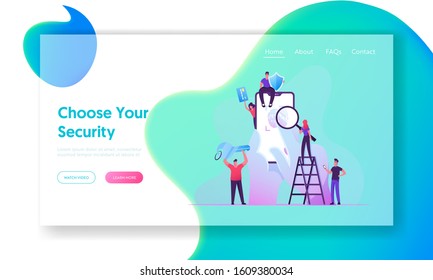 Cyber Security Technologies Website Landing Page. Fingerprint Scanning. Tiny Characters around Huge Mobile Phone with Finger Scan Biometric Id Access Web Page Banner. Cartoon Flat Vector Illustration