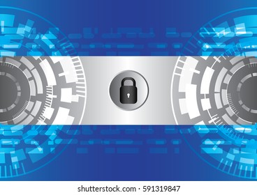 Cyber security technology abstract vector blue color background. Black keypad lock in the center. Safety concept.