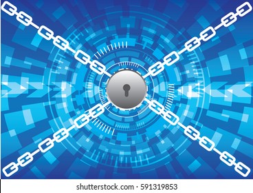 Cyber security technology abstract vector blue background. Keypad in the center with chain. Safety concept.