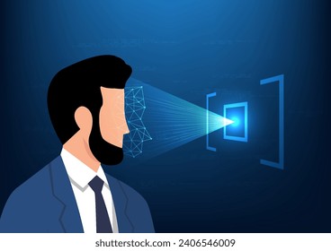 Cyber security technology Access to information that requires a person to identify themselves to important information by displaying their facial features. A man having his face scanned beam of light