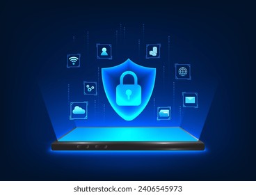 Cyber security technology background, cyber data protection technology of smartphone system Protect the center from being lost or stolen. Smartphone screen showing lock and shield with connected icons