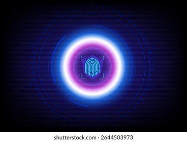 Cyber security technology background, data protection concept. Abstract fingerprint scanner board, touch screen monitor on circular hud interface on futuristic digital hi-tech monitor, dark blue tone.