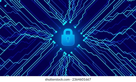 Cyber Security Technology Background. Cyber Lock Icon. Digital Circuit Network Protection Backdrop. Vector Illustration.