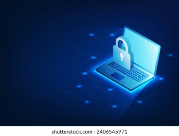 Cyber security technology background System to prevent data deletion and cyber theft You must verify your identity to access the information. Laptop screen showing lock Isometric image format