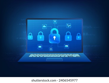 Cyber security technology background System to prevent data deletion and cyber theft You must verify your identity to access the information. Laptop screen showing lock with icon