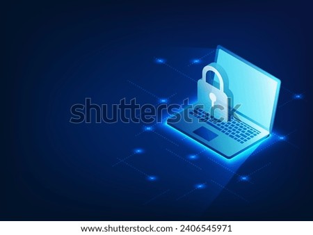 Cyber security technology background System to prevent data deletion and cyber theft You must verify your identity to access the information. Laptop screen showing lock Isometric image format