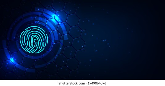 Cyber-Sicherheitstechnologie-Hintergrund.Fingerabdruck auf hexagon geometrischen Grafiken dunkelblau.Sicherheit und Passwortkontrolle durch Fingerabdrücke.Virtuelle 3d-Illustration.