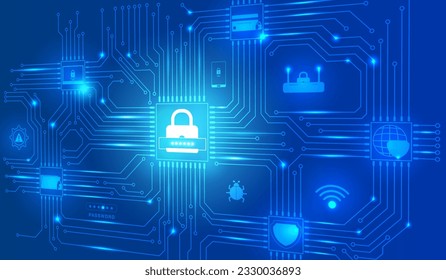 Cyber security technology circuit board network protection with digital online secure icons concept vector.