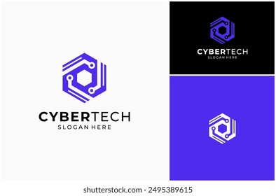 Cyber Security Technology Circuit Network Hexagon Protection Vector Logo Design Illustration