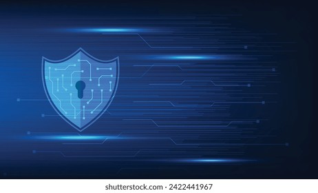 Konzept der Cybersicherheit digitaler Schild mit virtuellem Bildschirm auf dunkelblauem Hintergrund. Datenschutz-Symbol