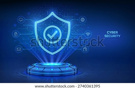 Cyber security technology concept. Holographic platform with glowing rays forming Protection shield with Check mark. Cyber data protection. Information privacy. Network safety. Vector illustration.