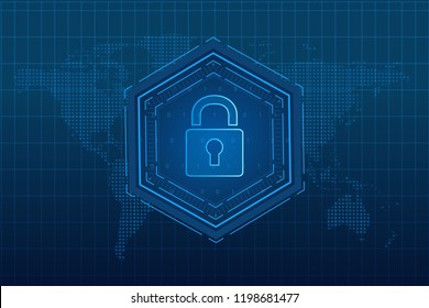 Cyber security technology concept , Shield With Keyhole icon with world map background , personal data , vector illustration.