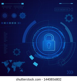 Cyber security technology concept , Shield With Keyhole icon with world map background , personal data , vector illustration,Sci fi futuristic user interface, HUD.