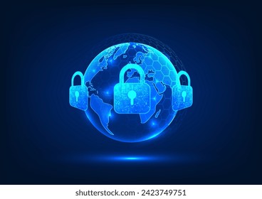 Cyber security technology and data privacy A world surrounded by locks Shows a system to prevent theft and cyber attacks and protect against viruses from the internet network.