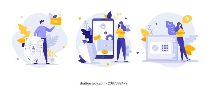 Tecnología de seguridad cibernética: conjunto de ilustraciones vectoriales de concepto plano. Composición de caricaturas del software de protección de datos personales. Seguridad del sistema digital mejorando la idea creativa para el sitio web, presentación