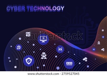 Cyber security technology illustration. Digital data protection and network threats abstract vector background with modern flat icons for themes related to cybersecurity, cloud protection, internet safety, data monitoring, and advanced technology solutions.
