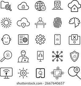 Cyber Security and Technology Line Icon Set - Data Protection, Privacy, Network, and Cloud Storage Icon (vetor editável)