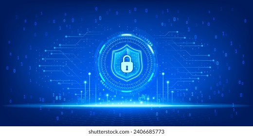 cyber security technology network protection data privacy abstract blue color speed internet technology concept background, security protection shield, binary number system on background