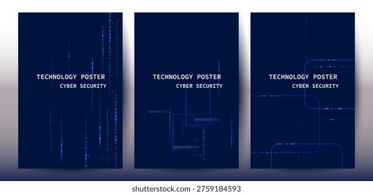 Cyber Security Technology Posters Set with Binary Code and Digital Lines