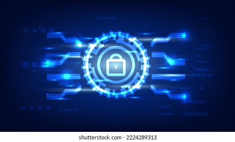 cyber security technology and privacy data protection concept. padlock with digital HUD screen on blue lighting background